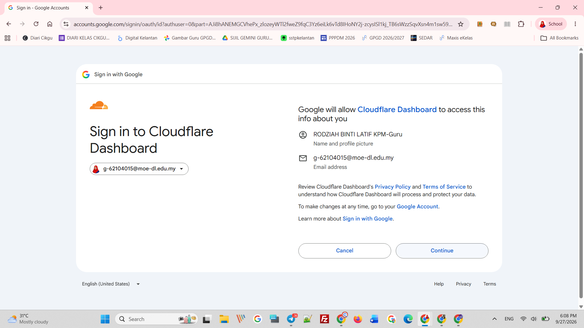 Kebenaran akses Google ke Cloudflare